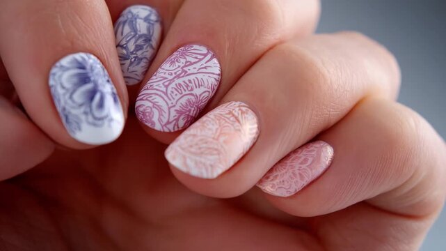 Closeup medium shot of 3D printed nail decals being carefully positioned on nails highlighting intricate custom designs for a fashionable look.