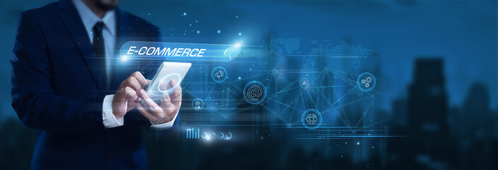 Businessman using smartphone to find and analyze e-commerce data, online sales performance, digital storefront, customer behavior analytics, retail technology growth