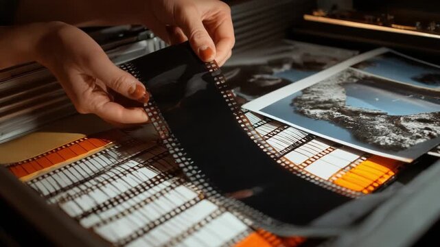 Closeup medium shot of hands handling delicate film strips emerging from a digital negative printer showcasing the film backup process.