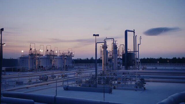 Industrial facility pipelines and pressure gauges creating a complex network for energy supply, management, production, and distribution, captured during twilight hours