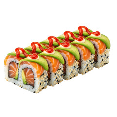 Delicious salmon sushi rolls with avocado and red pepper on top, served on a white background. isolated on transparent background