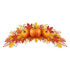 A trio of pumpkins surrounded by autumn leaves in vibrant orange and yellow hues. isolated on transparent background