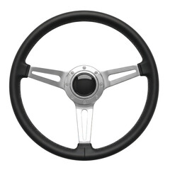 A black and silver steering wheel with a three-spoke design. isolated on transparent background