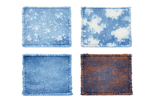 Denim patches with frayed edges and distressed texture, creating vintage textile elements on transparent background
