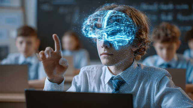 A young person in a classroom interacts with a digital hologram of a brain.