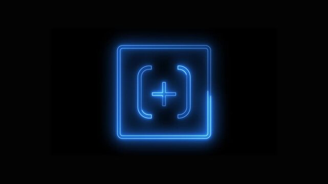 Glowing blue neon square bracket with plus sign animation on a dark black background, digital interface, user experience, software development, or web design