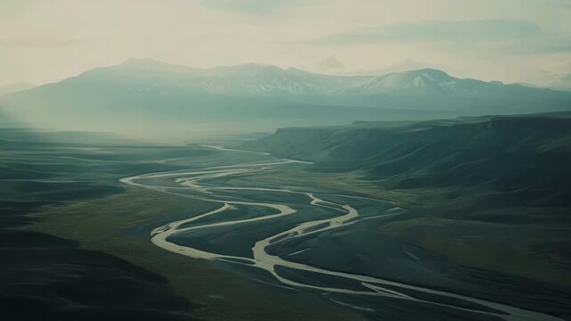 Winding river carving through a vast, undeveloped valley, with distant snow capped mountains under a dramatic, atmospheric sky, evoking themes of exploration and tranquility