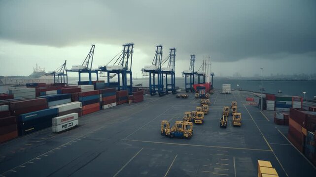 Container terminal with numerous shipping containers. Industrial cranes. And specialized vehicles on a gloomy day. Reflecting the scope of global freight transportation and supply chain infrastructure