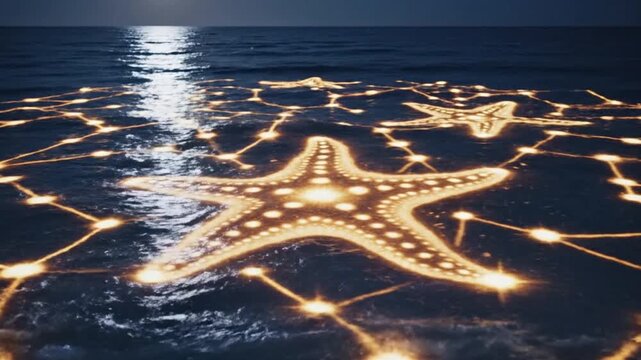A starfish shaped pattern of glowing lights on dark ocean water at dusk from a high viewpoint