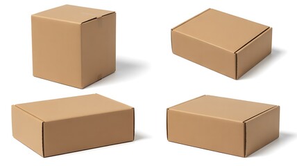 Fototapeta premium Set of Four Kraft Cardboard Boxes in Various Angles on White Background