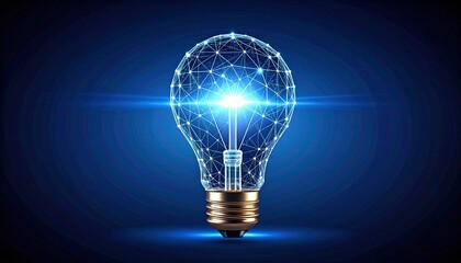Wireframe light bulb made of glowing interconnected nodes, illuminated from within, abstract artistic visualization symbolizing innovation and creative ideas.