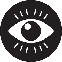 A stylized eye with lashes in a black circle on a white background in a minimalist illustration