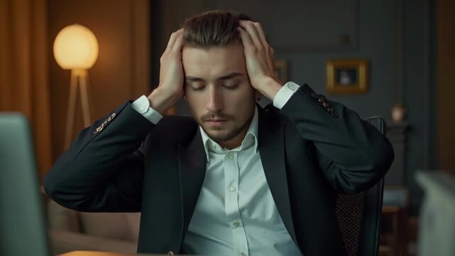 shot of helpless business guy crumple papers holding head hands need rest work day night workaholic tired powerless wear black blazer shirt suit sitting chair office indoors fashion editori.
