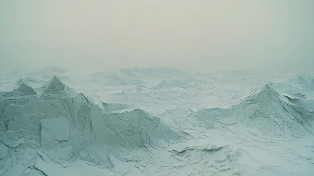 Abstract digital rendering showing textured terrain with jagged peaks and rolling hills, creating an other worldly landscape shrouded in atmospheric mist