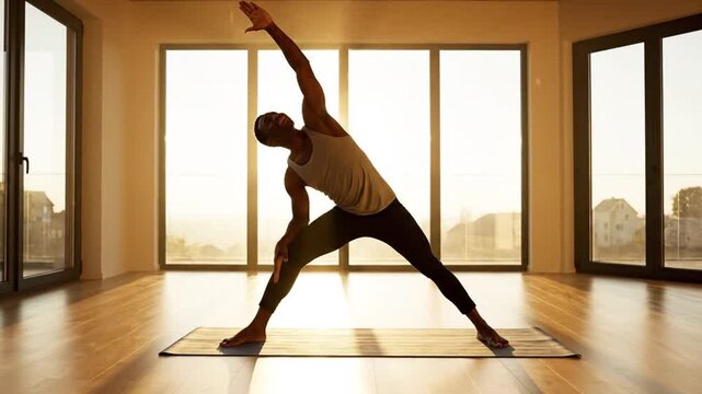 Man practicing side angle pose yoga in a sun-drenched modern studio embodying strength balance and mindfulness for wellness fitness and healthy lifestyle concepts