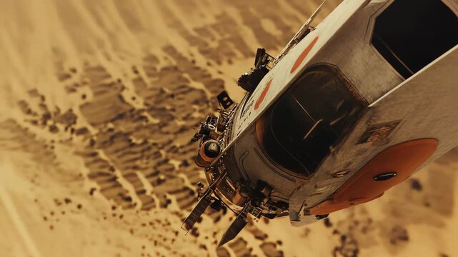 Spaceship navigating over an alien desert landscape, performing scientific exploration and future colonization of a new world, hinting at advanced technology and deep space mission