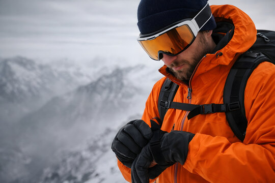 Backcountry skier in orange jacket checks a watch or GPS device in the mountains, highlighting navigation and winter adventure planning