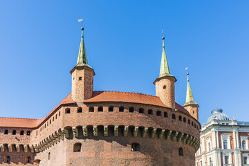Fototapeta premium Detailed view of historic Barbican fortress, one of best-preserved medieval defensive structures in Europe, Krakow, Poland.