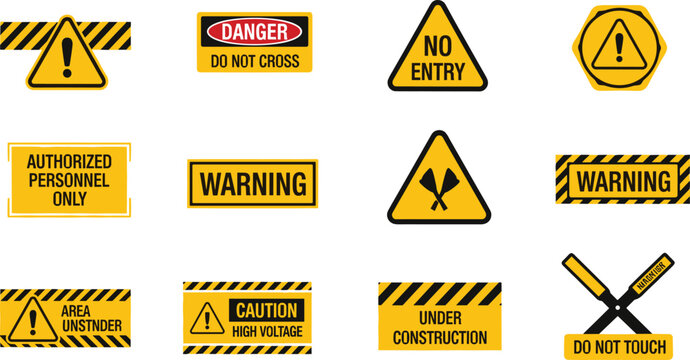 Yellow black vector illustration of warning caution signs with danger symbols, restricted access, construction zone safety security design motifs