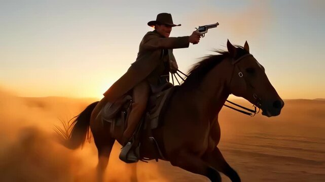 Cowboy horseback firing revolver sunset dust rider galloping horse kicking up desert sand