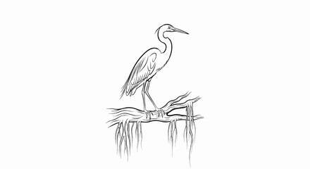 Obraz premium A bird with long legs and neck stands on a branch, sketch style