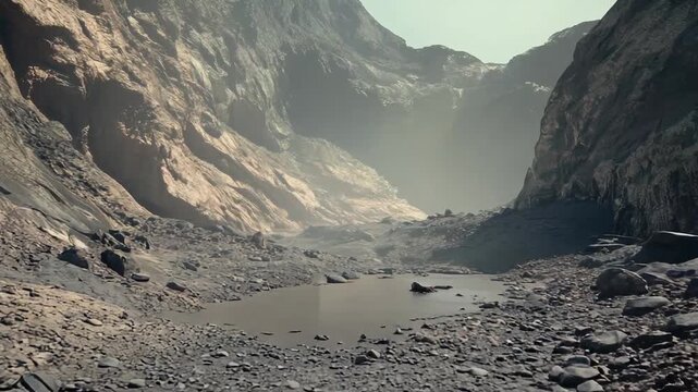 Habitat module resting in a barren alien valley, featuring rugged rock formations, a small water pool, and a hazy sky, depicting a scene of isolated space exploration and survival