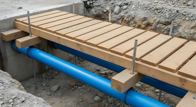Wooden Temporary Bridge Over Installed Blue Utility Pipes in Construction Site