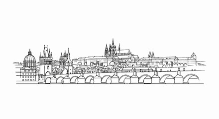 Obraz premium A black and white ink sketch of a city skyline with a large bridge and many buildings