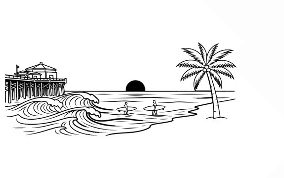 A black and white line drawing depicts a tranquil beach scene at sunset with a pier