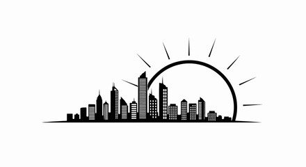 Naklejka premium A black and white silhouette of a modern cityscape at sunrise
