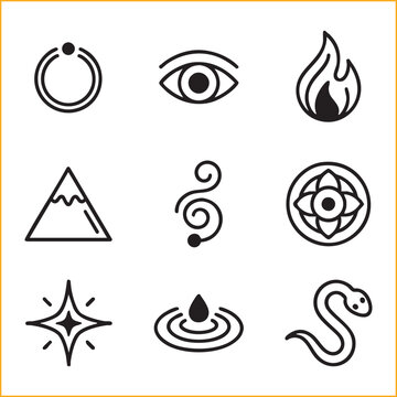 Set of linear abstract elemental icons representing fire, water, earth, and vision.