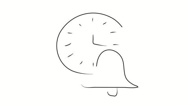 Clock, timer, alarm clock, deadline. Contour drawing, silhouett animation. Continuous line. Isolated on white. Video 4k object illustration self-drawing. Object construction. Minimalist continuous lin