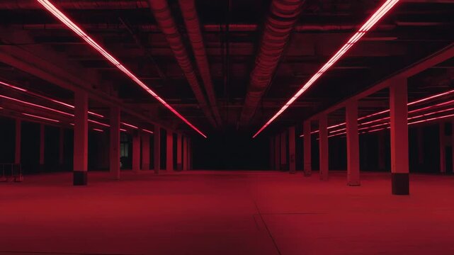 Empty industrial warehouse with concrete pillars and glowing red neon lines receding into darkness, minimalist futuristic perspective emphasizing symmetry and urban atmosphere