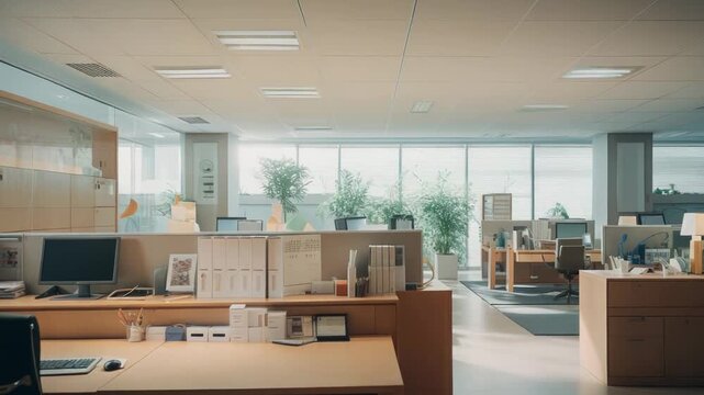 Modern office interior featuring multiple empty cubicles and workstations, creating a professional and unoccupied corporate environment with natural light