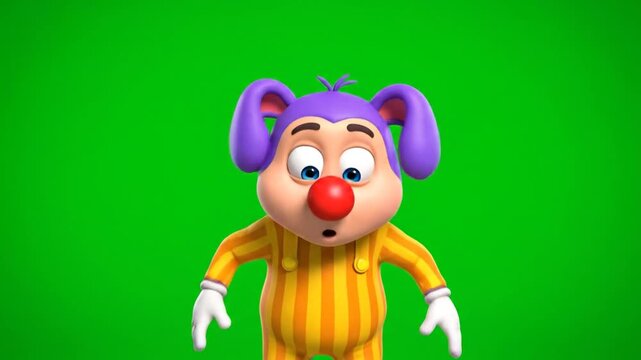 A cartoon clown character with purple hair and a red nose standing on a green screen background. Perfect for memes, comedy videos, and entertainment content.