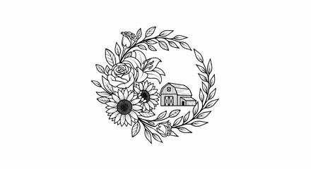 Obraz premium A circular floral wreath with a barn and sunflowers in the center