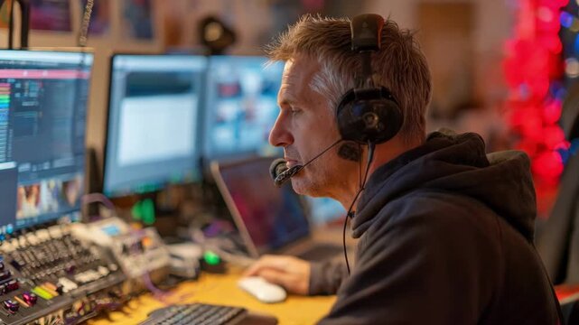 Focused coordinator organizing a digital fan interaction monitoring chat questions and setting up streaming equipment for a seamless online experience.
