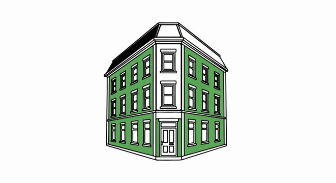 A green corner building with multiple windows and a pitched roof