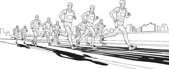 Obraz premium A group of male athletes in a footrace with city buildings in the background