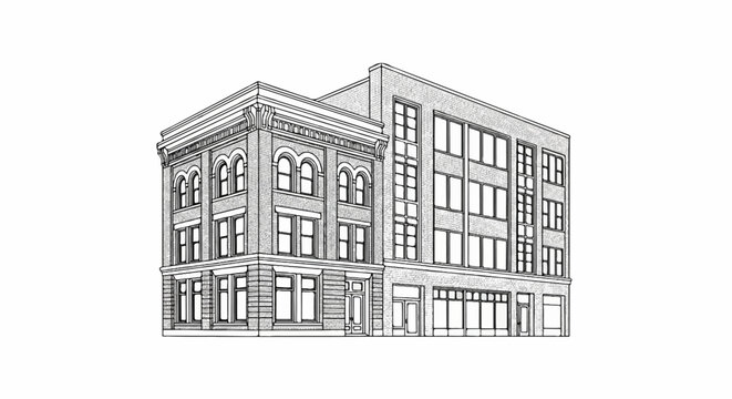 A detailed line drawing of a multi-story brick building with various window styles
