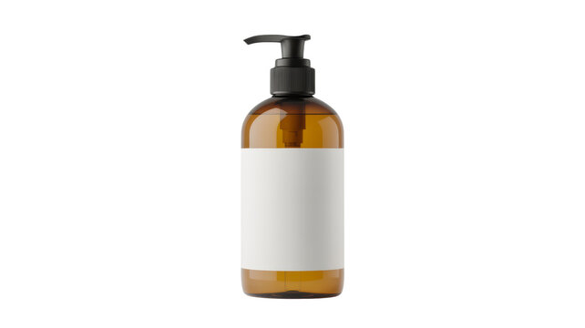 Amber bottle with black pump dispenser and blank white label