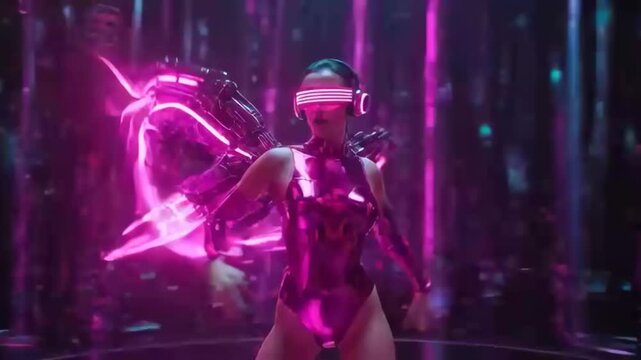 Futuristic neon angel dancer with glowing wings and headphones empowered cybernetic woman with