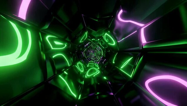 stunning 4K abstract background featuring dark geometric hexagon shaped tunnel structure that is dynamically illuminated by vibrant green and purple neon lights creating high energy futuristic visual