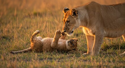 A lioness and her cub playfully interact on a grassy savannah