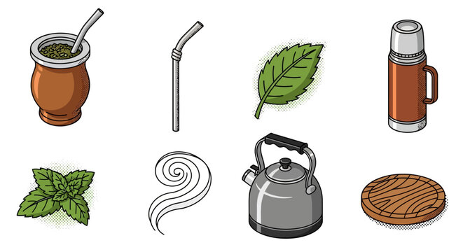 Colorful herbal tea drinking essentials: yerba mate and accessories in vintage style