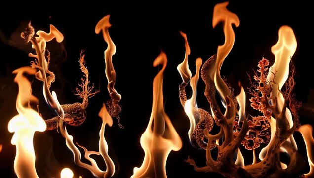Captivating 4K stock video showcasing mesmerizing and dramatic display of various fire shapes movements and intensities all dynamically set against completely pitch black background for maximum