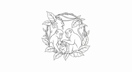 A family of monkeys nestled among lush green leaves and vines