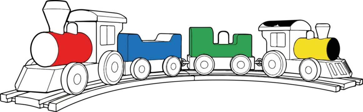 A colorful wooden toy train with a red engine and three carts