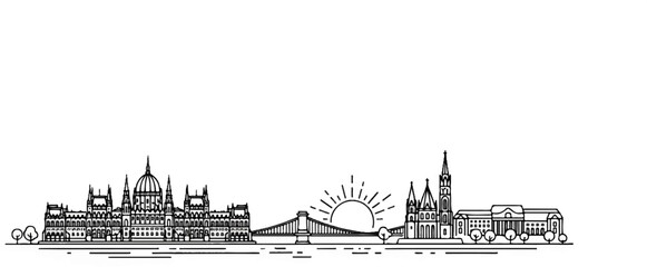 A minimalist line drawing of a city skyline with iconic buildings, a bridge, and a sunrise