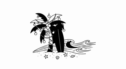 A festive palm tree decorated with lights stands by a surfboard on a beach with waves